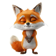 Fototapeta premium Charming cartoon fox character with closed eyes holding paws together in a respectful or contemplative pose isolated on transparent