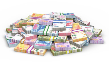 A large pile of neatly stacked Argentine Peso banknotes
