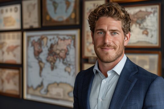 Portrait of Man in Suit Against a Wall of World Maps