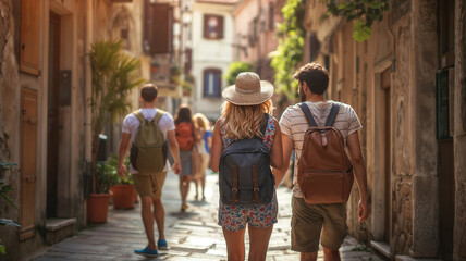Young couple of tourists sightseeing in the streets of a town in Italy