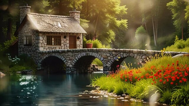 Stone bridge with small house by the river in the middle of the forest, in a smooth looping background with animated 4K video.