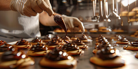 In a bustling kitchen, a skilled baker meticulously pipes swirls of rich, dark chocolate onto freshly baked cookies