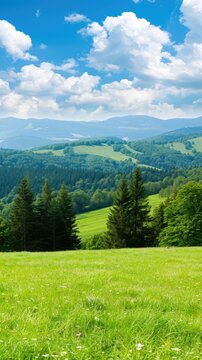 A grassy field with pine trees in the foreground, rolling green hills, and a blue sky with white clouds in the background