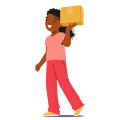 Cheerful Black Child Girl Character Walking And Carrying A Cardboard Box In Hand. Image Conveys Theme Of Happiness