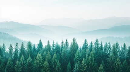Fototapeta premium A breathtaking view of a forest of evergreen trees in the morning, with a backdrop of misty mountains