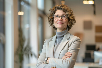 Fototapeta premium Confident Middle-Aged Caucasian Woman with Curly Hair Smiling in a Modern Office Environment