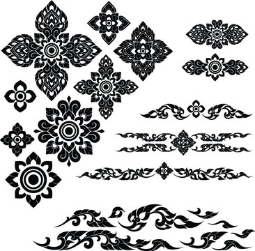 Thai Pattern for Decoration-PraJamYam Flower of Thailand & Border of Thai art & Kranok's Decorative Leaves in Lai Thai