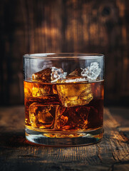 Glass of whiskey with ice cubes on a wooden surface.