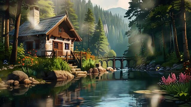 River side house with stone bridge, in a smooth looping background with animated 4K video.