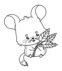 Happy chinchilla with ears of wheat. Outline cartoon kawaii rodent character. Line drawing, coloring book. Vector illustration. Kids collection