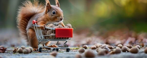 Red squirrel near a small shopping cart filled with nuts. The whimsical and charming scene captures the playful nature of the squirrel, set against a blurred autumnal background. 