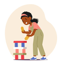 Young Black Girl Character Constructing A Tower With Colorful Blocks, Showcasing Creativity, Development