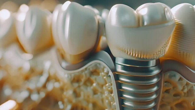 Dental implantation background. Human jaw with row of teeth and dental implant. Demonstration of healthy teeth concept.