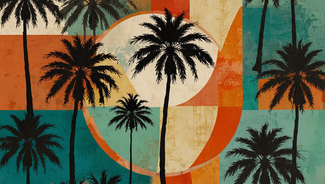 Artistic abstract summer collage palm trees beach scenery in sunset hues vintage charm vibrant tropical textures