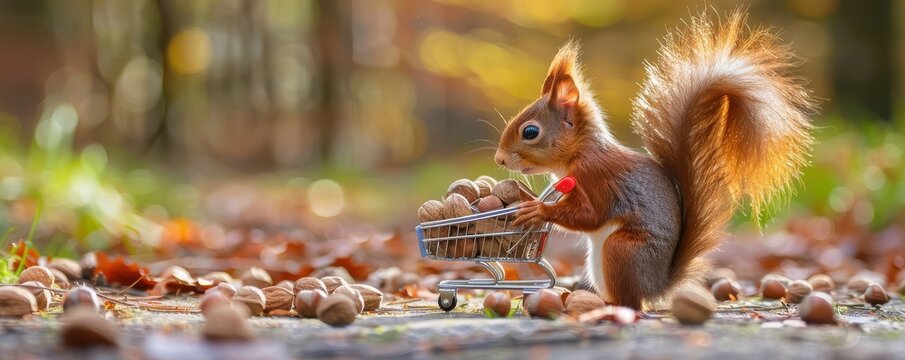 Red squirrel near a small shopping cart filled with nuts. The whimsical and charming scene captures the playful nature of the squirrel, set against a blurred autumnal background. 