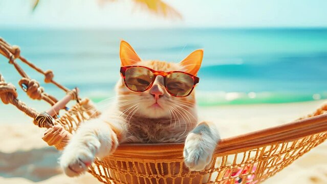 A red cat in sunglasses is lounging in a hammock on a beach under the palm trees. Travel, vacation background