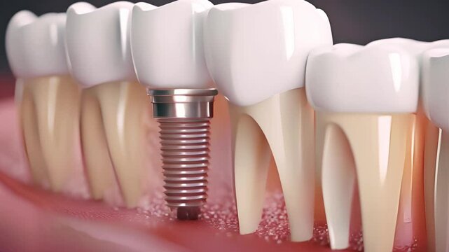 Dental implantation background. Human jaw with row of teeth and dental implant. Demonstration of healthy teeth concept.