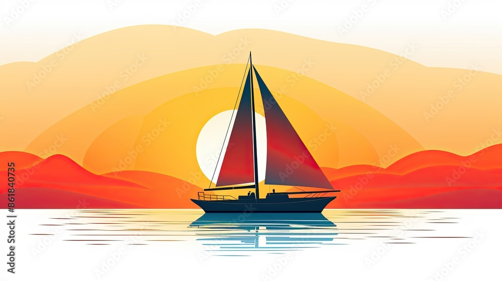 Wall mural A sailboat with the sun setting behind it