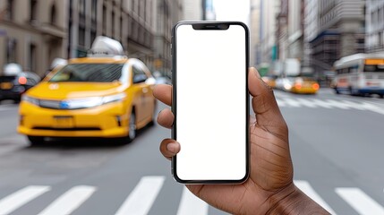 A person holds a smartphone with a blank screen in front of a yellow taxi on a city street. The...