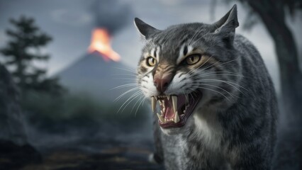Obraz premium A close up of a cat with its mouth open and fire in the background, AI