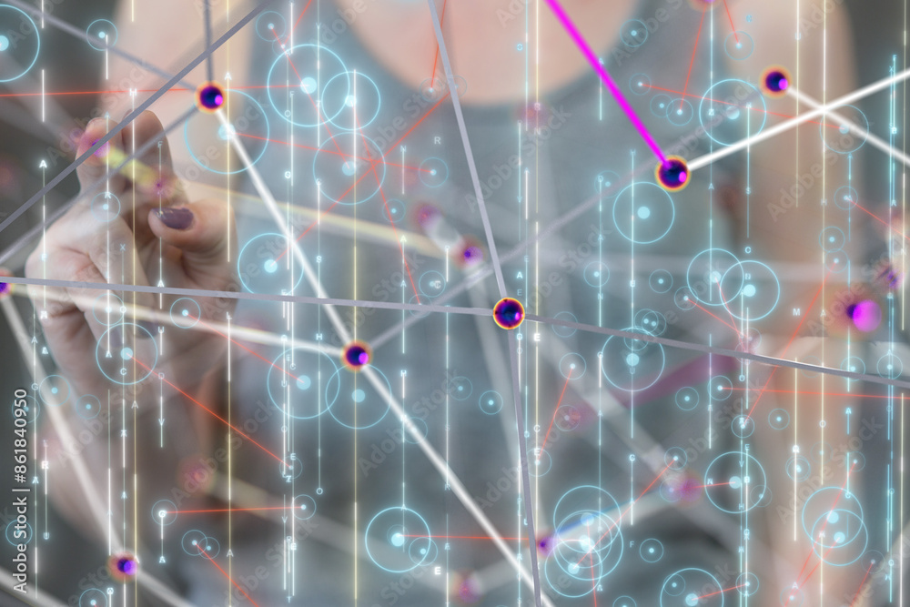 Poster Neural network 3D illustration. Big data and cybersecurity - 3d