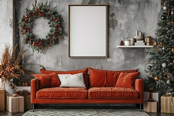 Domestic and cozy christmas living room interior with corduroy sofa, white shelf, mock up poster frame, christmas tree, decoration, wreath, gifts and accessories. Home decor. Family time. Template.