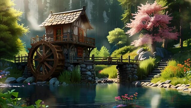 Watermill with pine forest and small house, in a smooth looping background with animated 4K video.