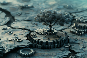 Nature and Mechanism Intertwined: A Lone Tree Growing from a Land of Intricate Gears and Cogs, Symbolizing the Fusion of Organic Life and Industrial Elements in a Surreal Landscape