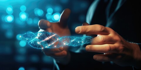 Abstract luminous DNA molecule. Hand of doctor touching and cut dna for checking with analysis chromosome DNA genetic of human on virtual interface.  Medical science and biotechnology concept
