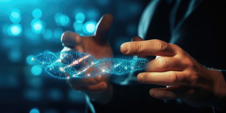 Abstract luminous DNA molecule. Hand of doctor touching and cut dna for checking with analysis chromosome DNA genetic of human on virtual interface.  Medical science and biotechnology concept