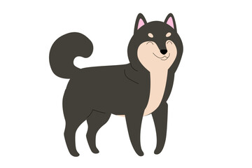 Black Shiba Inu dog isolated on white background. Japanese dogs breed. Happy dog illustration. Simple flat vector design for print.	