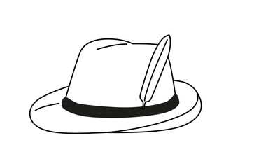 German hunting hat with feather illustration. Black white line vector graphic. 	