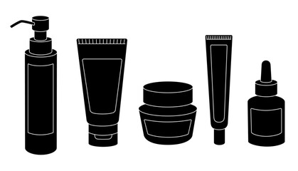 Set of skin care products. Bundle of  cosmetics and makeup items in bottles, tubes and jars. Beauty routine. Black skin care silhouette.