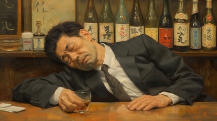 Fototapeta premium A man in a suit is sleeping at a bar