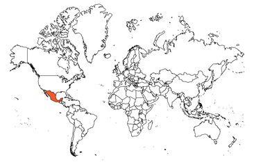 The outline of the world map with the borders of the countries. Map of the Mexico