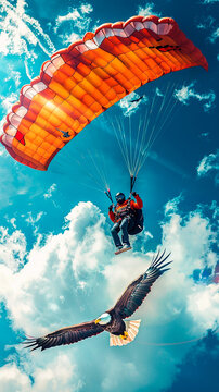 A skydiver with a vibrant parachute glides alongside an eagle in a bright blue sky, representing freedom and adventure.