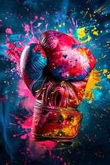 A colorful boxing glove with paint splashes on a dark background, symbolizing creativity and power