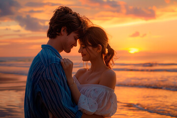 Fototapeta premium A couple embracing at the beach during a beautiful sunset