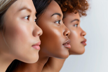 Three diverse women in profile against a white background. The image highlights beauty and unity