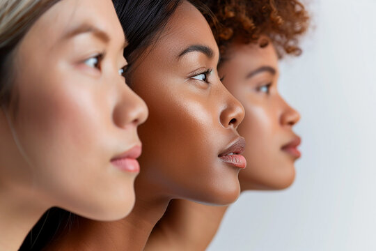 Three diverse women in profile against a white background. The image highlights beauty and unity - Powered by Adobe