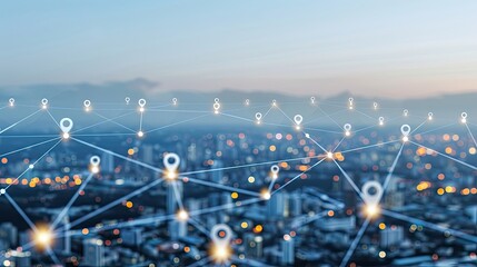 A digital illustration of a cityscape with glowing location markers connected by lines, representing a network or internet connection