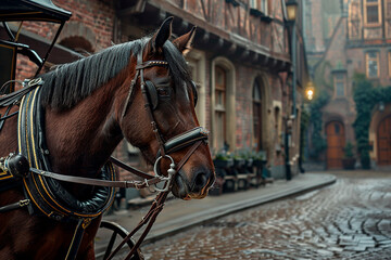 Obraz premium A horse with a harness standing on a cobblestone street in a historical town. The background is blurred