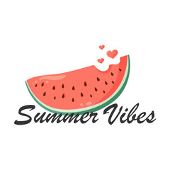 Summer Vibes lettering with watermelon slice. Vibrant green rind and red flesh with black seeds. Flat vector illustration for postcard, greeting card, invitation, seasonal print, poster, t-shirt