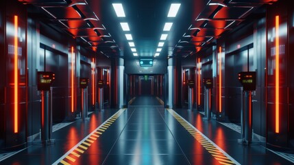 Fototapeta premium A futuristic, brightly lit hallway with red and yellow lights