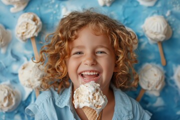 An adorable curly-haired girl enjoys a vanilla ice cream cone, laughing joyously on a creative backdrop