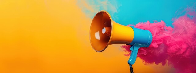 A colorful megaphone is on a yellow background. The megaphone is bright and colorful, and it seems to be a symbol of communication or a call to action. The yellow background adds a sense of energy