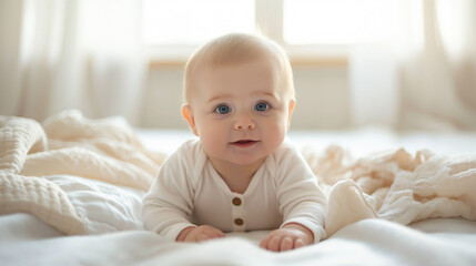 An adorable baby with big blue eyes lies on his stomach and tries to crawl on a soft blanket in a bright room, dressed in a white onesie, creating a cozy and serene atmosphere.