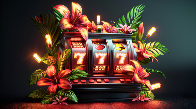 A slot machine with three sevens surrounded by tropical flowers and light bulbs on a black background, symbolizing the casino, luck and celebration.