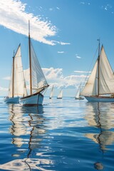 Fototapeta premium Vintage Wooden Sailboats Gliding in a Classic Regatta Against a Blue Sky