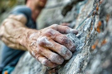 Rock Climber's Hands Gripping Vertical Rock Face with Chalk Dust and Detailed Texture